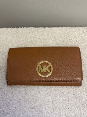 Michael Kors Cognac Pebbled Leather MK Logo Continental Wallet